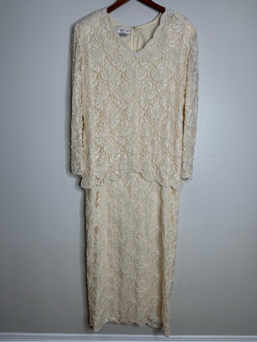 Vintage Laurence Kazar Cream Pearl Beaded Lace Long Sleeve Maxi Gown Size 1X
